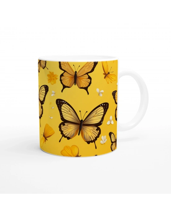 Sarı Fon Üzerinde Uçuşan Neşeli Kelebekler Temalı Baskılı Kupa Bardak