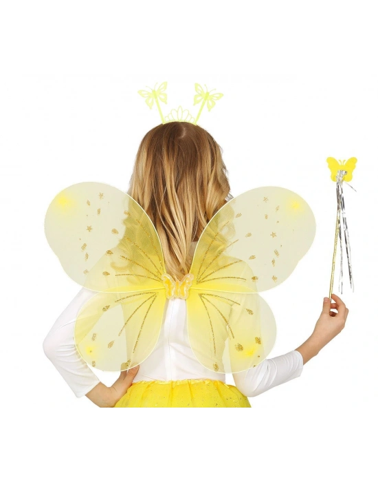 Sarı Kelebek Erkek-kız Seti – 50 Cm Kelebek Kanadı, Taç Ve Asa