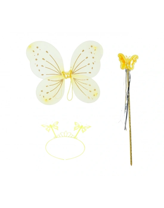 Sarı Kelebek Erkek-kız Seti – 50 Cm Kelebek Kanadı, Taç Ve Asa