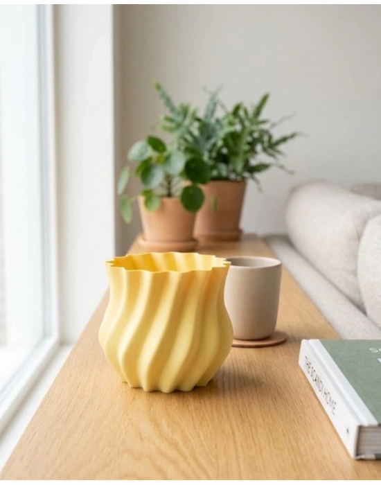 Sarı Kıvrımlı 3D Vazo Estetik Modern Ev ve Ofis Dekoru