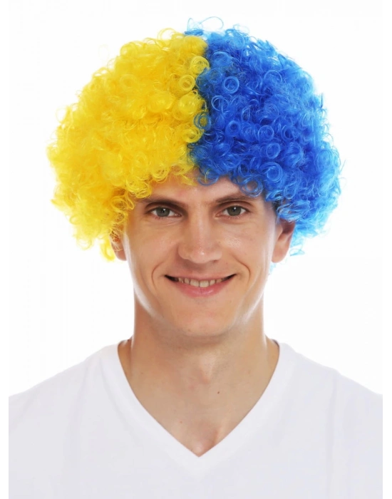 Sarı Lacivert Kıvırcık Afro Bonus Taraftar Peruğu