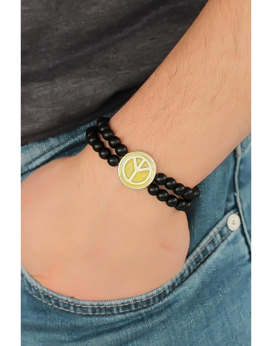 ® Sarı Metal Barış Simgesi Tasarımlı Siyah Renk Mat Oniks Doğal Taş Erkek Bileklik