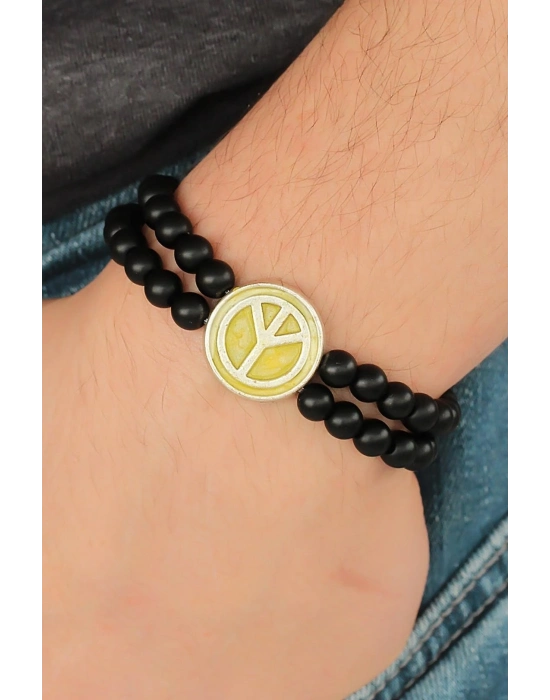 ® Sarı Metal Barış Simgesi Tasarımlı Siyah Renk Mat Oniks Doğal Taş Erkek Bileklik