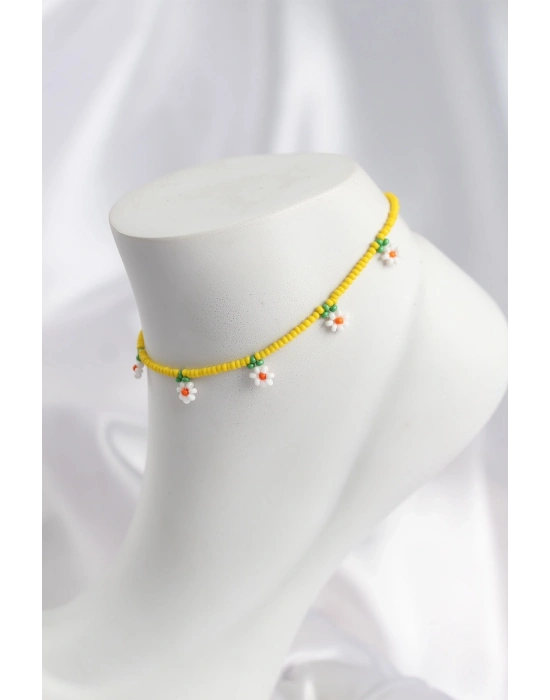 Sarı Renk Boncuklu Papatya Motifli Halhal