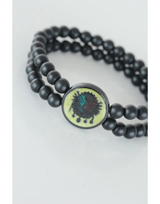® Sarı Renkli Metal Üzerine Osmanlı Arma Figürlü Siyah Renk Çift Sıra Doğal Taş Erkek Bileklik