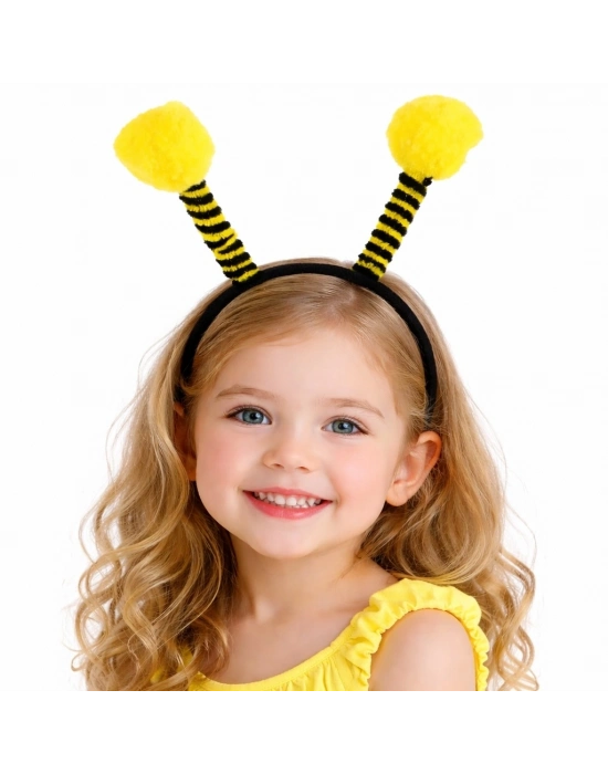 Sarı Siyah Arı Antenli Taç - Çocuk Arı Tacı Mega Ponponlu