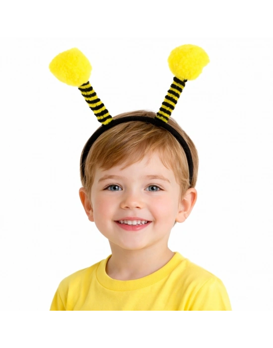 Sarı Siyah Arı Antenli Taç - Çocuk Arı Tacı Mega Ponponlu