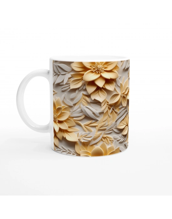 Sarı Tonlarda Işıltılı Rölyef Çiçekli Kupa Bardak