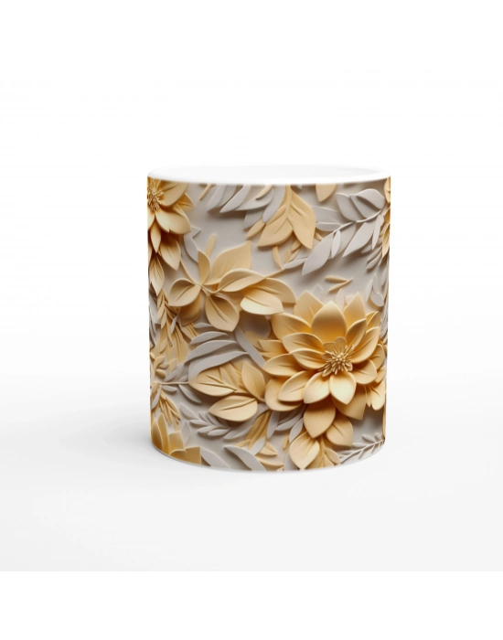 Sarı Tonlarda Işıltılı Rölyef Çiçekli Kupa Bardak