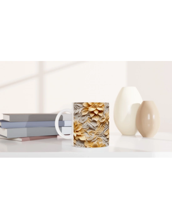 Sarı Tonlarda Işıltılı Rölyef Çiçekli Kupa Bardak