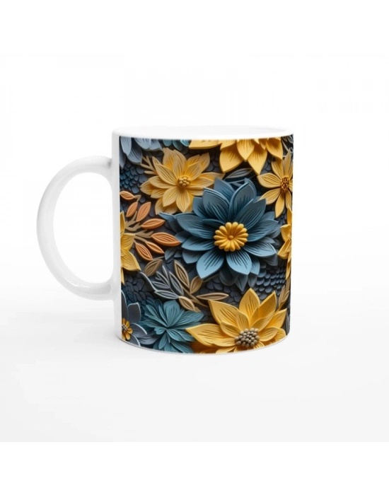 Sarı ve Mavi Rölyef Çiçeklerle Desenlenmiş Kupa Bardak