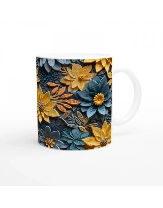 Sarı ve Mavi Rölyef Çiçeklerle Desenlenmiş Kupa Bardak