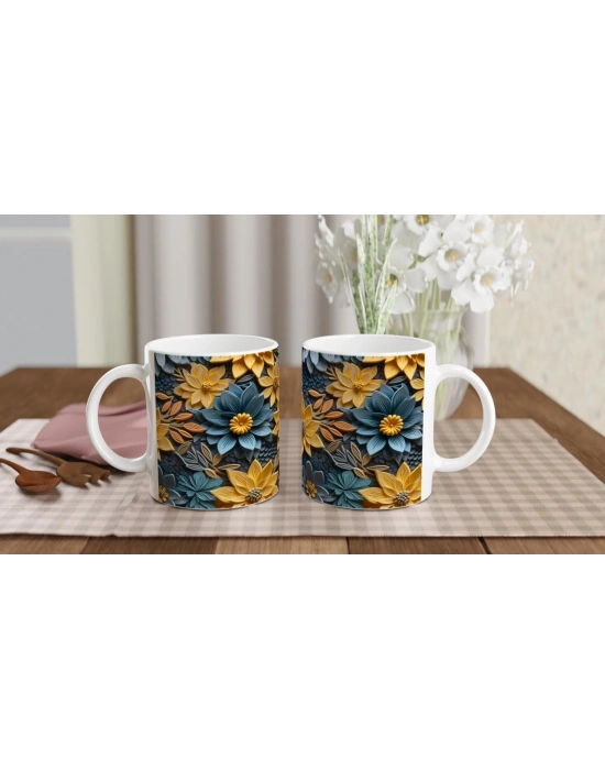 Sarı ve Mavi Rölyef Çiçeklerle Desenlenmiş Kupa Bardak