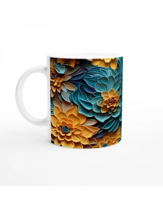 Sarı ve Turkuaz Çiçek Harmanı Kupa Bardak