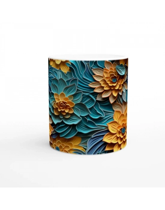 Sarı ve Turkuaz Çiçek Harmanı Kupa Bardak