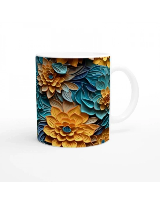 Sarı ve Turkuaz Çiçek Harmanı Kupa Bardak