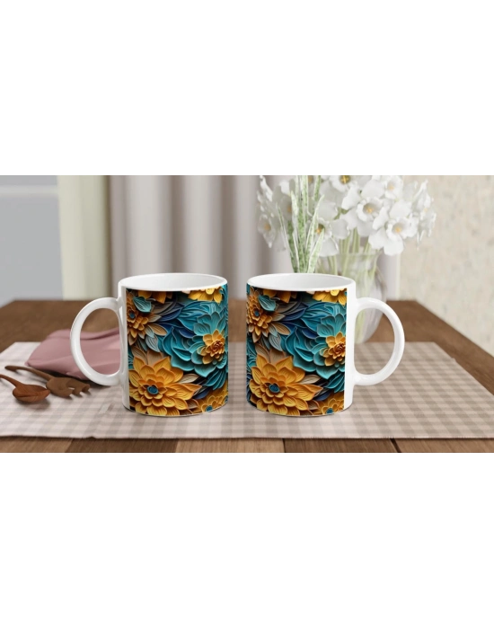 Sarı ve Turkuaz Çiçek Harmanı Kupa Bardak