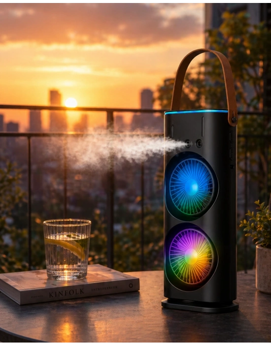 Şarjlı Buharlı Serinletici Fan RGB Işıklı Çift Pervaneli Masa Fanı