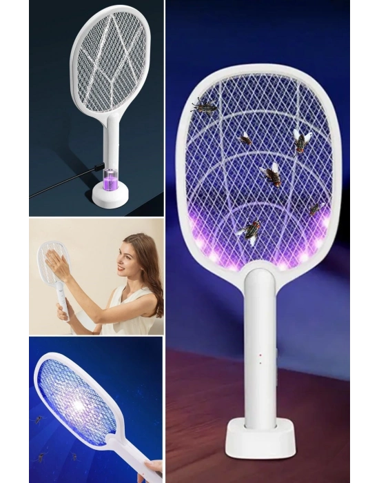 ®  Şarjlı Sinek Öldürücü Masaüstü Standlı,Mor Işık Sinek Kovucu Raket 5w