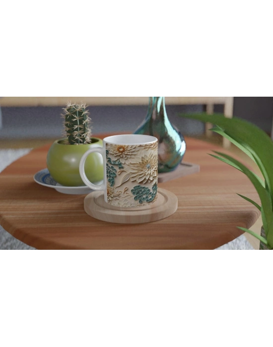 Sarmal Desenli Krem Çiçekli Kupa Bardak