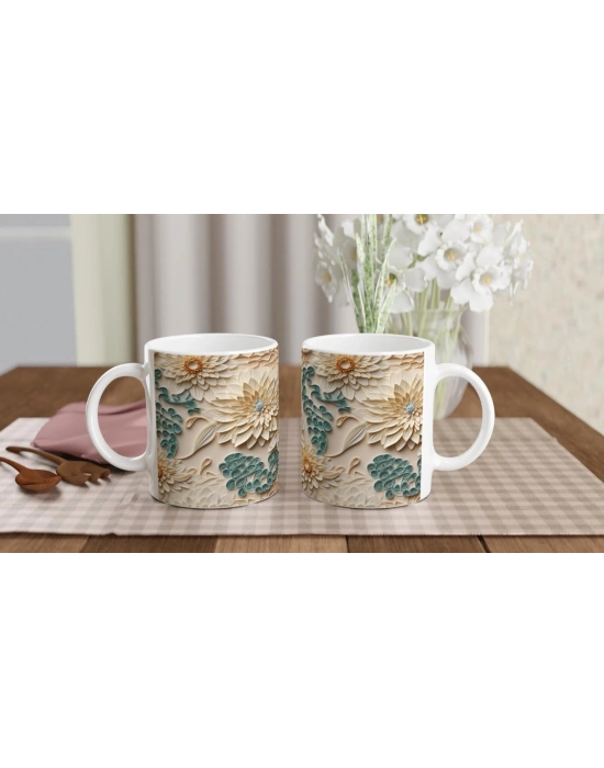 Sarmal Desenli Krem Çiçekli Kupa Bardak