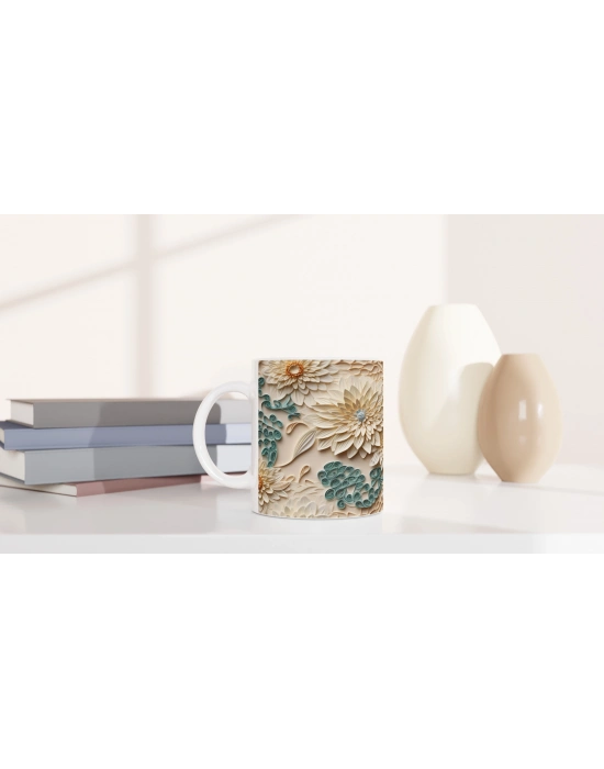 Sarmal Desenli Krem Çiçekli Kupa Bardak