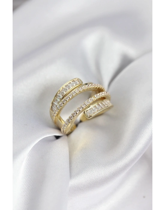 ® Sarmal Zirkon Baget Taşlı Gold Renk Kadın Yüzük