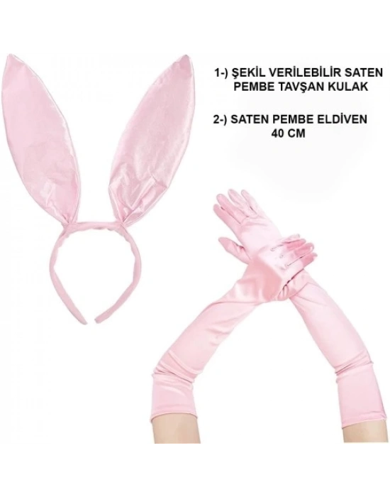 Saten Kaplama Soft Pembe Eldiven ve Tavşan Kulak 2li Set