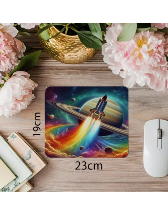 Satürn Yörüngesinde Renkli Roket Mousepad - 19x23 cm 2 mm Dikdörtgen İthal Baskılı Mouse Pad