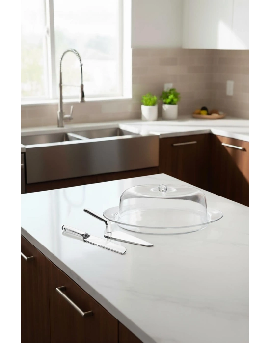 Şeffaf Akrilik Kek Fanusu ve Servis Seti – 33 x 39 x 14 cm (4 Parça)