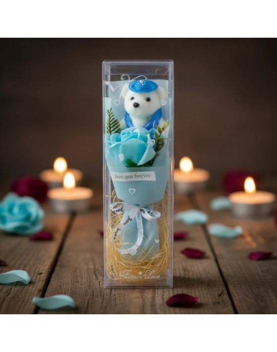 Şeffaf Kutulu Ayıcıklı Gül Buketi