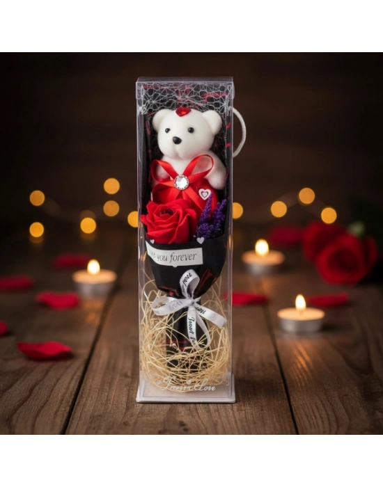 Şeffaf Kutulu Ayıcıklı Gül Buketi