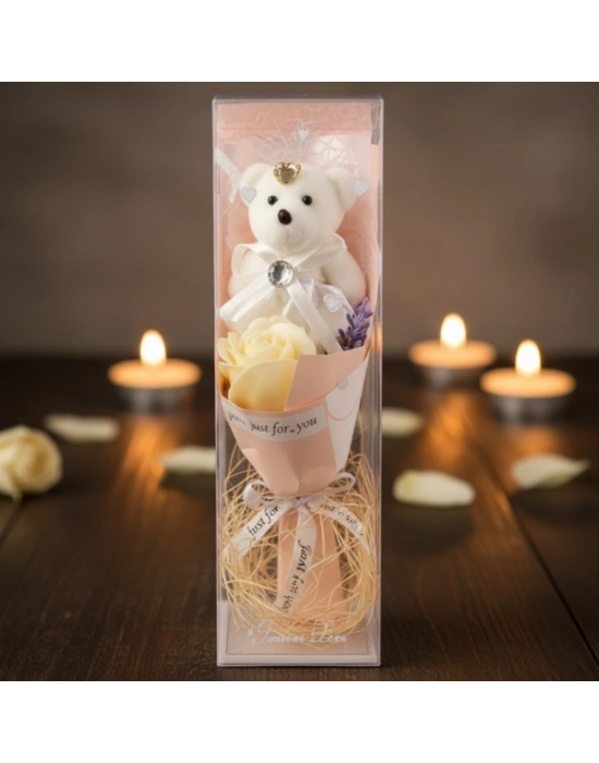 Şeffaf Kutulu Ayıcıklı Gül Buketi