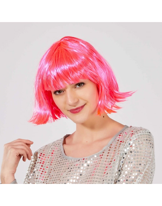 Şeker Pembe Renk Parti Peruğu Küt Saç