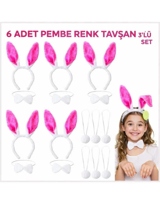 Şeker Pembesi Tavşan Sahne Seti 6'lı Set Taç Papyon Kuyruk