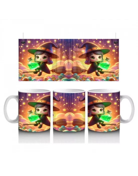 Şeker Sepetli Cadı Kız Figürlü Sevimli Cadılar Bayramı Baskılı Kupa