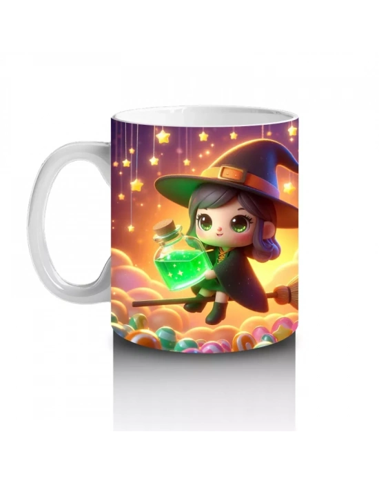 Şeker Sepetli Cadı Kız Figürlü Sevimli Cadılar Bayramı Baskılı Kupa