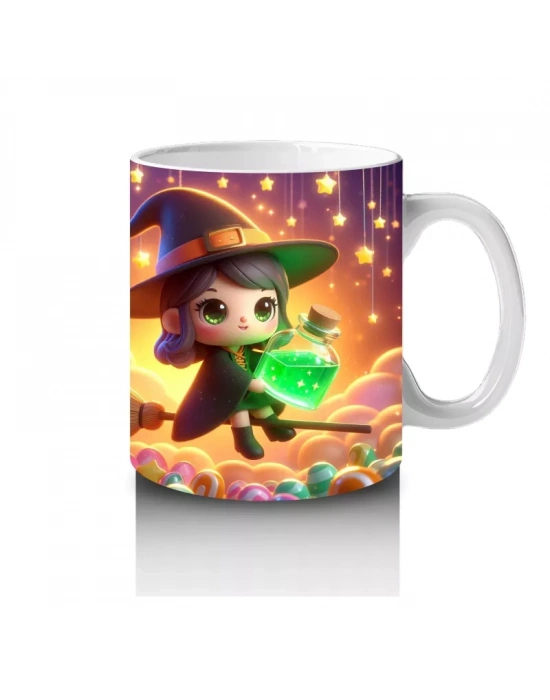 Şeker Sepetli Cadı Kız Figürlü Sevimli Cadılar Bayramı Baskılı Kupa