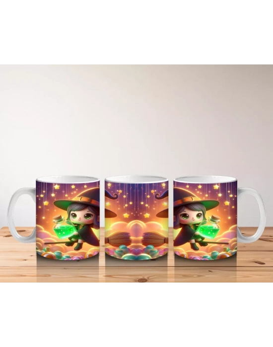 Şeker Sepetli Cadı Kız Figürlü Sevimli Cadılar Bayramı Baskılı Kupa