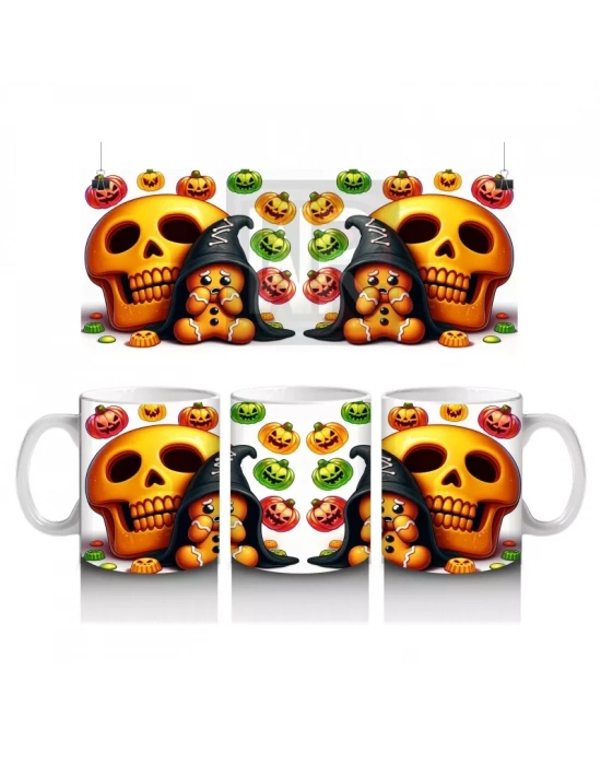 Şeker Sepetli Cadı ve Balkabağı Figürlü Sevimli Cadılar Bayramı Baskılı Kupa