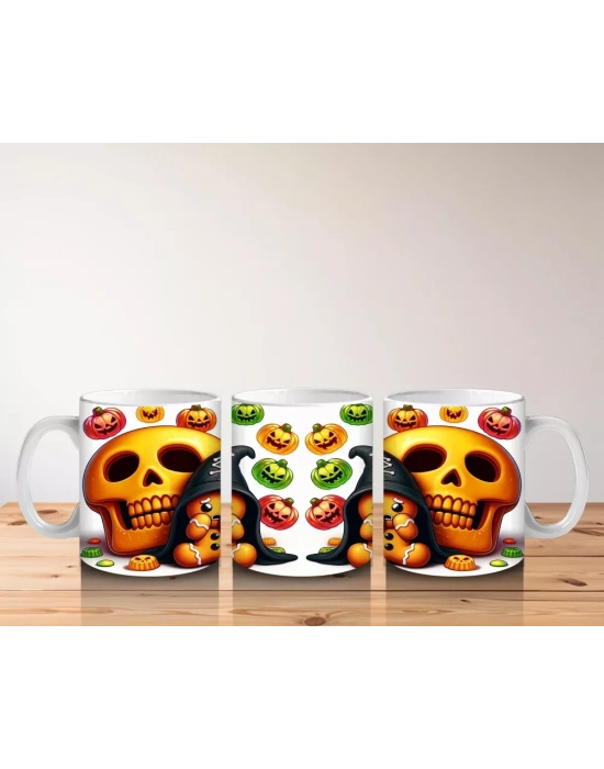 Şeker Sepetli Cadı ve Balkabağı Figürlü Sevimli Cadılar Bayramı Baskılı Kupa