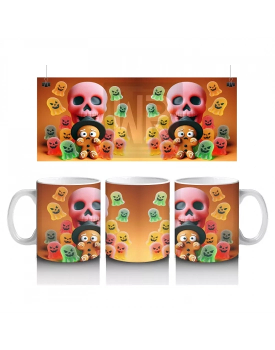 Şeker Sepetli Sevimli Canavar Figürlü Renkli Cadılar Bayramı Baskılı Kupa Bardak