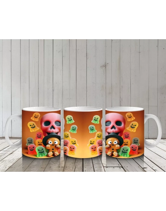 Şeker Sepetli Sevimli Canavar Figürlü Renkli Cadılar Bayramı Baskılı Kupa Bardak