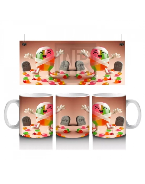 Şeker Temalı Renkli Canavar Figürleriyle Eğlenceli Cadılar Bayramı Baskılı Kupa