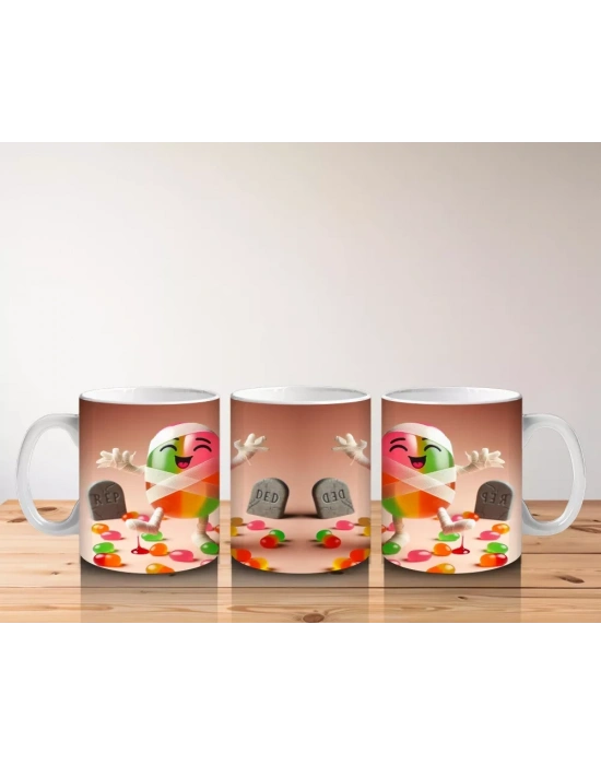 Şeker Temalı Renkli Canavar Figürleriyle Eğlenceli Cadılar Bayramı Baskılı Kupa