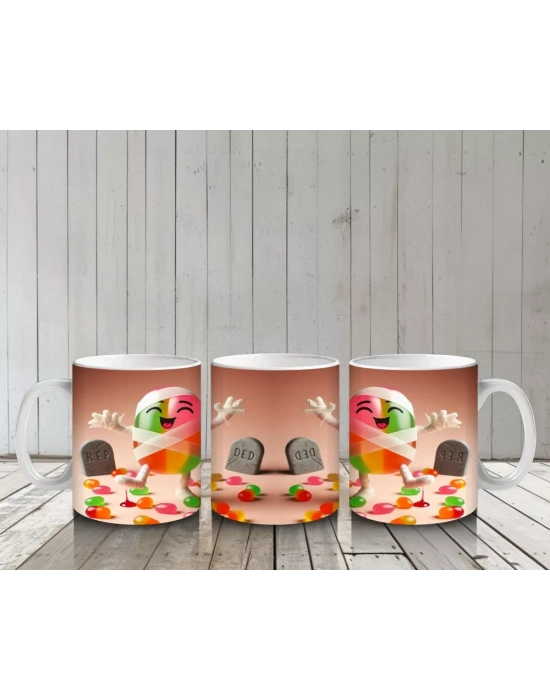 Şeker Temalı Renkli Canavar Figürleriyle Eğlenceli Cadılar Bayramı Baskılı Kupa