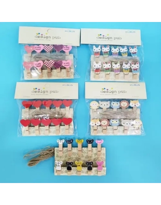 Şekilli Renkli Ahşap Mandal Seti (10lu Paket)