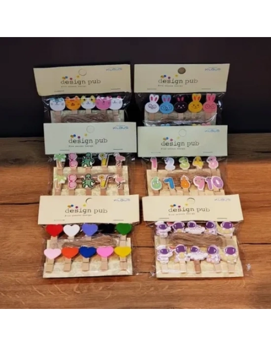 Şekilli Renkli Ahşap Mandal Seti (10lu Paket)