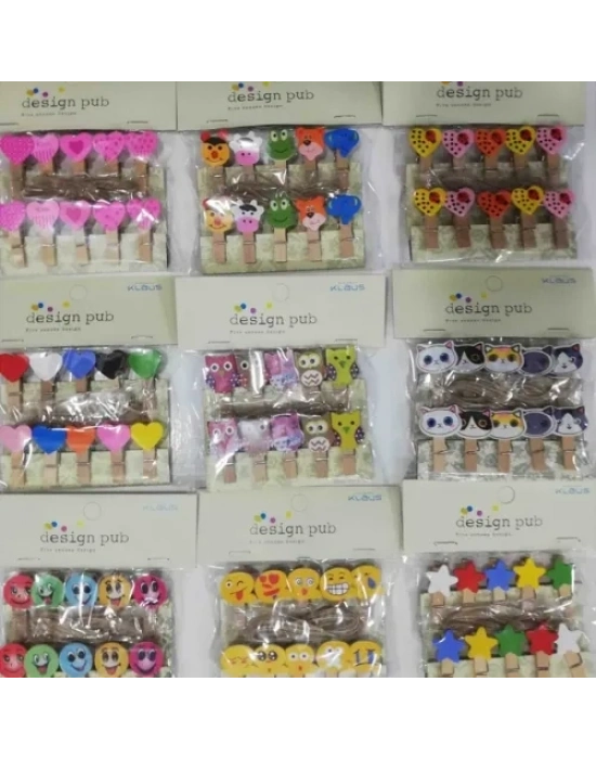 Şekilli Renkli Ahşap Mandal Seti (10lu Paket)