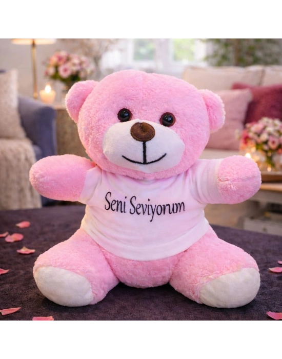 Seni Seviyorum Tişörtlü Pembe Peluş Ayıcık